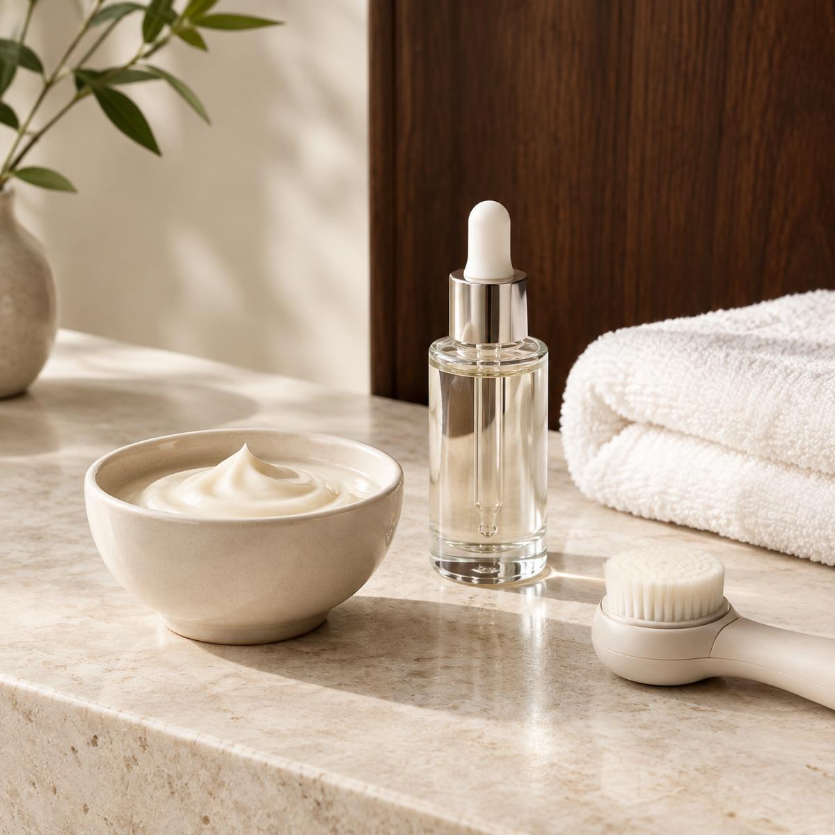 Serum, cream and fresh towels